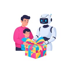 human parent and robot teaching a child how to tie a complex, futuristic Christmas bow on a gift