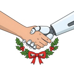 close-up of a human hand and a robot claw gently clasping in a handshake over a festive Christmas background element