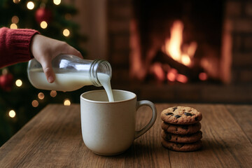 Child hand pouring milk into cup beside chocolate chip cookies for Santa Claus. Cozy Christmas evening with fireplace and festive decorations.