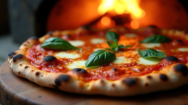 Authentic Neapolitan Margherita Pizza with Leopard-Spotted Crust and Buffalo Mozzarella — Close-Up Food Photography