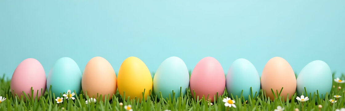 whimsical arrangement vibrant easter eggs soft pastel hues pale blue backdrop set amidst subtle springtime landscape
