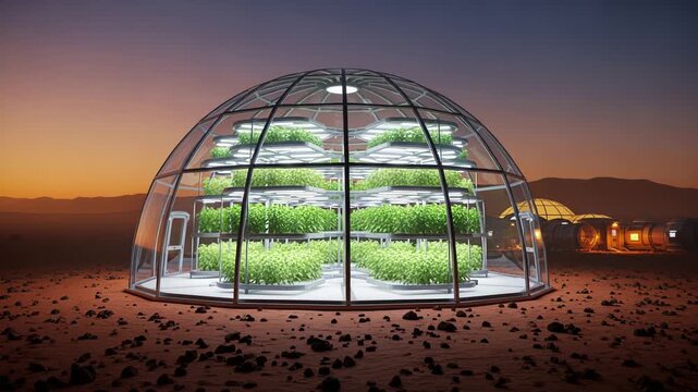 Imagery of Martian outpost with glowing geodesic domes at sunset