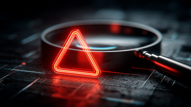 Red warning triangle placed beside a magnifying glass on electronic circuitry symbolizing early cybersecurity risk detection, system vulnerability analysis and awareness of digital danger.
