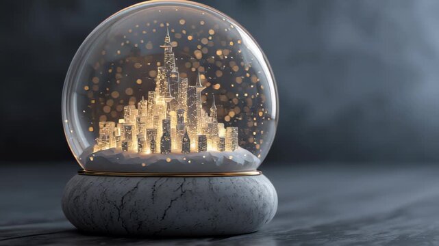 surreal snow globe with tiny glowing city inside, floating mid-air in dark minimal space