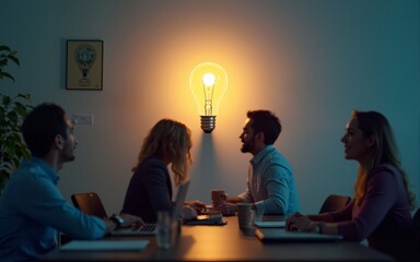 Sharing business ideas, collaboration meeting, sharing knowledge, teamwork or people thinking the same idea concept, smart thinking businessmen people office workers team up share lightbulb lamp idea.