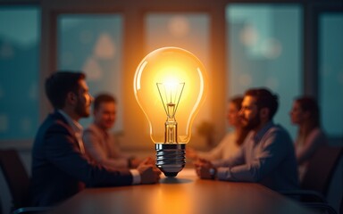 Sharing business ideas, collaboration meeting, sharing knowledge, teamwork or people thinking the same idea concept, smart thinking businessmen people office workers team up share lightbulb lamp idea.