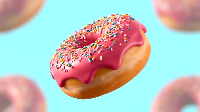Delicious Animated Donuts with Pink Frosting and Colorful Sprinkles Pattern on a Light Blue