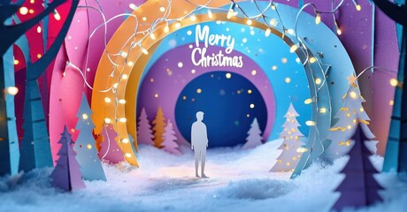 Fototapeta premium Papercraft scene depicts winter holiday. Person stands beneath festive archway, lights illuminate snowy landscape. Colorful layers create depth.