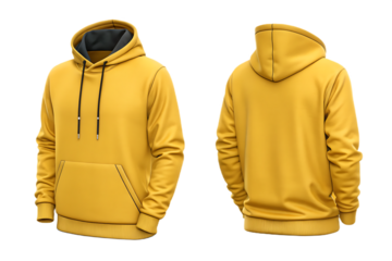 Blank yellow zip-up hoodie mockup, front and back view. Unisex hooded sweatshirt template with zipper and pockets for modern apparel design. Isolated on transparent background, png