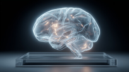 Crystal digital brain displayed on a glass platform, representing advanced neuroscience research and artificial intelligence inspired understanding of human cognition.
