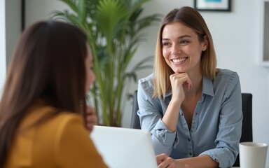 Smiling young business woman listening her partner on coworking space. High quality