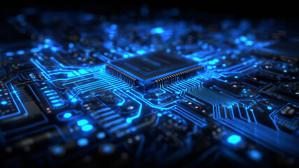 Central microchip embedded in an electronic circuit, representing powerful computing performance and the core infrastructure of modern digital technology systems.
