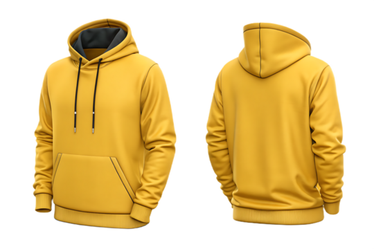 Blank yellow zip-up hoodie mockup, front and back view. Unisex hooded sweatshirt template with zipper and pockets for modern apparel design. Isolated on transparent background, png