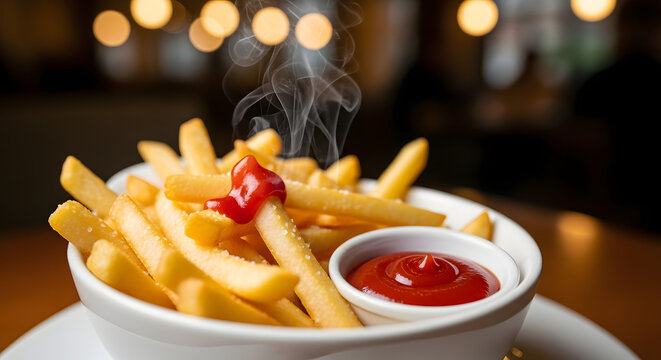 Close-up shot of a white bowl filled with golden, crispy french fries and a small bowl of ketchup - Powered by Adobe