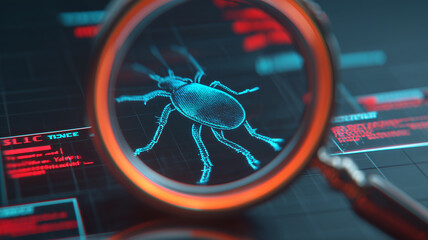 Software bug detection illustrated by a virtual insect viewed through a magnifying glass over code, symbolizing debugging processes, vulnerability assessment and proactive cybersecurity monitoring.
