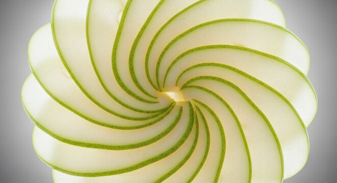 Hypnotic spiral of fresh green apple slices creating an abstract pattern of healthy eating and culinary art - Powered by Adobe