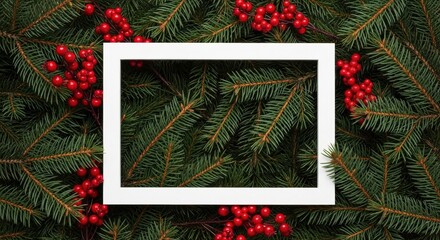 Festive square frame on a background of green fir branches and red berries