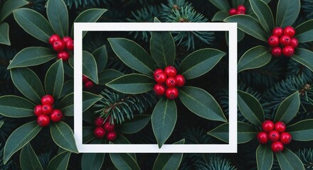 Square white frame centered on dark green leaves with bright red berries