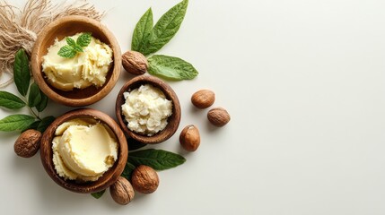 Stunning photo of organic herbal infused handmade shea butter cosmetics Copy space image Place for adding text or design.