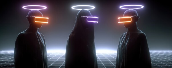 Three people wearing virtual reality headsets stand on a neon grid with glowing halos in a dark, futuristic space