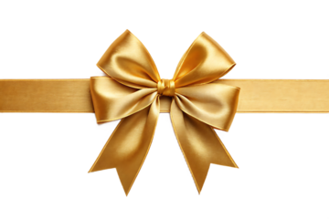 Shiny golden satin bow and horizontal ribbon, used for gift wrapping, Christmas decorations, or luxury product packaging. Isolated on transparent background, png