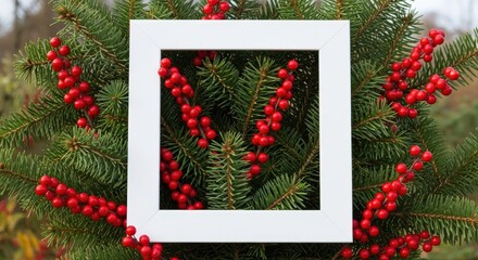 Empty white frame on a festive christmas tree with red berries and green needles