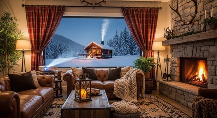 Cozy log cabin interior with fireplace overlooking snowy winter forest scene