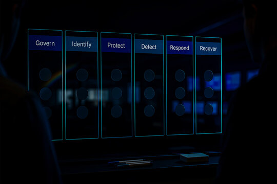 Cybersecurity framework on a futuristic digital interface screen