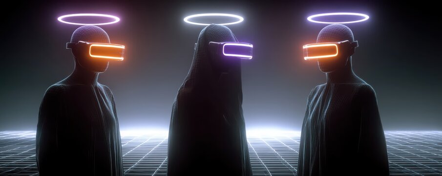 Three people wearing virtual reality headsets stand on a neon grid with glowing halos in a dark, futuristic space