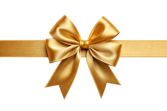 Shiny golden satin bow and horizontal ribbon, used for gift wrapping, Christmas decorations, or luxury product packaging. Isolated on transparent background, png
