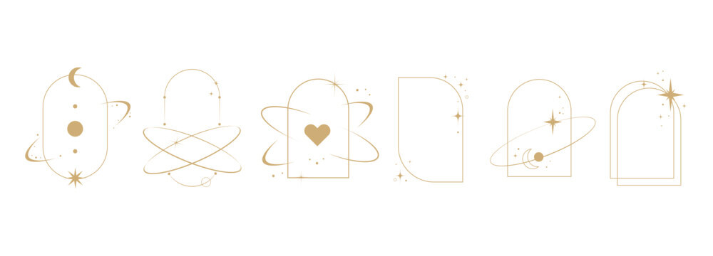 Set of minimal gold arch frames with celestial elements including moons, stars, planets, sparkles, and orbit lines, for modern design, branding, spiritual graphics, invitations.Vector illustration