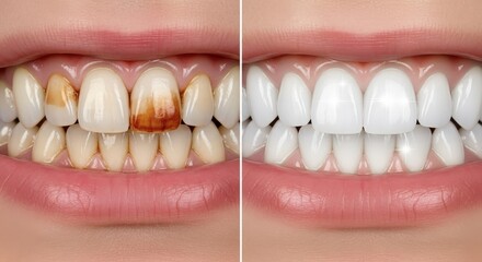 Before and after comparison of stained teeth becoming bright white healthy smile