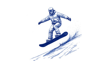 Obraz premium Snowboarder jumping off slope in vintage blue ink sketch style 