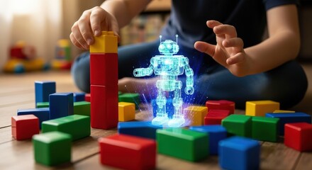 Child s hands building with colorful blocks and a glowing robot hologram