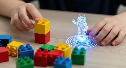 Child s hands interacting with colorful building blocks and a glowing futuristic robot toy