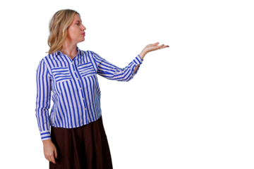 Woman presenting product or service with open hand gesture, offering copy space on transparent background
