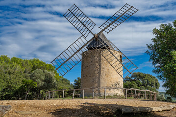 View of the old windmill called Mill of Happiness (Moulin du Bonheur) on Porquerolles island, Provence Cote d'Azur, France