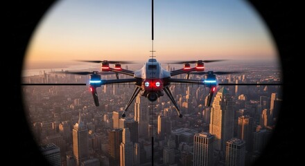 Drone flying over a city skyline at sunset viewed through a scope