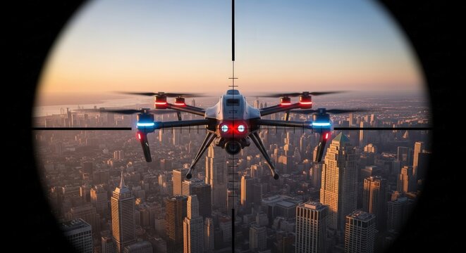 Drone flying over a city skyline at sunset viewed through a scope