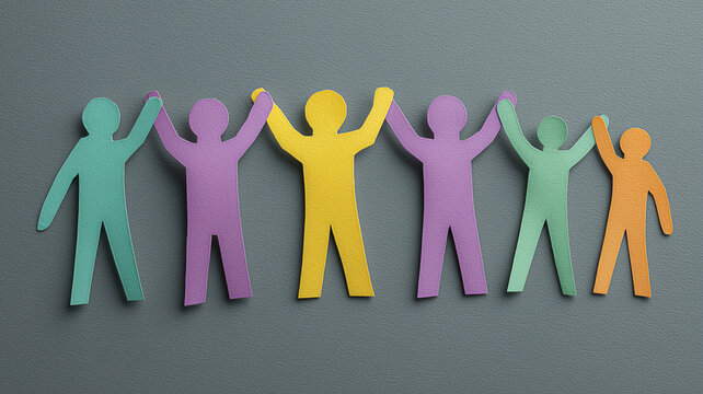 Colorful paper cutout figures holding hands in a row to represent teamwork, diversity and inclusive community support.
