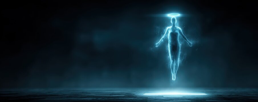Hologram of an AI human figure floating with halo, illuminated by blue light
