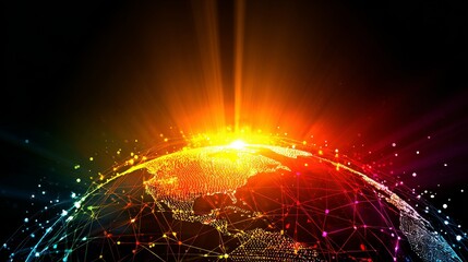 Vibrant globe with neon data lines and glowing points showing global connectivity, digital networks, and communication across continents, representing technology, innovation, and futuristic ideas