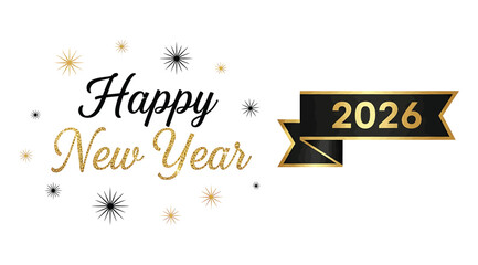 Happy new year 2026 text with sparkling glitter and confetti, isolated on