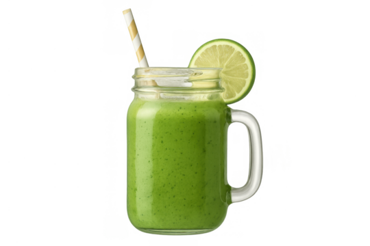 Fresh green vegetable smoothie in mason jar with lime and straw, symbolizing health, detox, and healthy eating