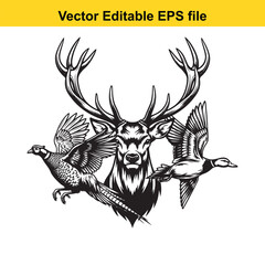 Vintage illustration of a stag head with pheasant and duck flying around, isolated on