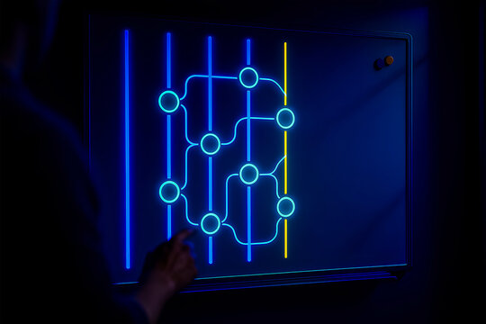 Person analyzing a neon flowchart on a futuristic digital screen