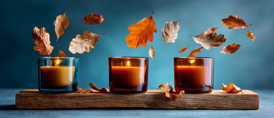 Three candles with autumn leaves floating around them on a wooden surface against a blue background, creating a warm and cozy atmosphere perfect for fall decor or seasonal events