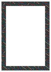 Decorative A4 frame geometric pattern featuring scattered, multicolored diagonal lines on a dark background. Clean and modern abstract background ideal for your designs.