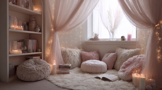 Cozy reading nook in soft lighting - Powered by Adobe