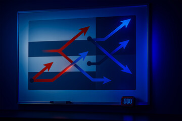 Futuristic digital whiteboard with strategic flowchart and arrows